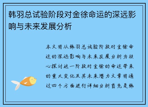 韩羽总试验阶段对金徐命运的深远影响与未来发展分析