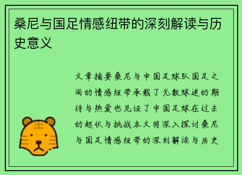 桑尼与国足情感纽带的深刻解读与历史意义