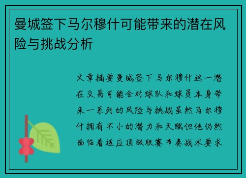 曼城签下马尔穆什可能带来的潜在风险与挑战分析 曼城签下马尔穆什可能带来的潜在风险与挑战分析